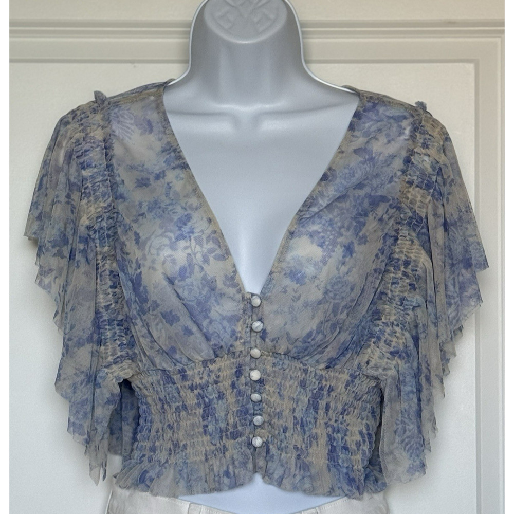 FREE PEOPLE Sugar Sheer Floral Crop Top Porcelain Blue - Women’s‎ Medium EUC
